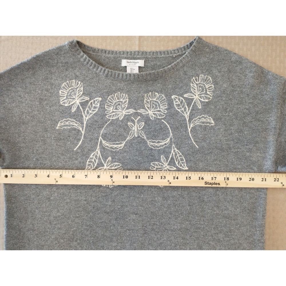Haute Hippie Cottagecore Grey Floral Butterfly Embroidered Sweater Womens L
